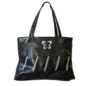 NWT Tote Chuns Fashion Dark Grey Silver Crystal Accents Butterfly Faux Leather